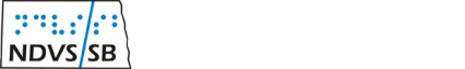 ND Vision Services/School for the Blind logo. NDVS/SB in letters and braille in a box shaped like the stae of ND