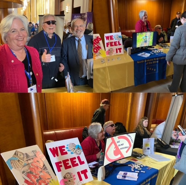 In the collage Zelda and Allan are pictured with Senator Tim Mathern, and Zelda and Allan are pictured talking to visitors walking by their table in the Capitol building. Zelda brought along the posters she carried when she participated in the rally for accessible currency last month in Washington, D.C